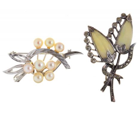 A CULTURED PEARL AND SILVER BROOCH AND A MARCASITE AND SHELL BROOCH++TARNISH AND WEAR CONSISTENT WITH AGE 