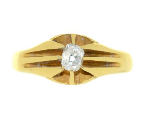 AN EARLY 19TH CENTURY CUSHION CUT DIAMOND RING, IN GOLD MARKED 18CT, 4G, SIZE N++SCRATCHES AND WEAR CONSISTENT WITH AGE