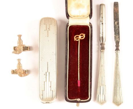 A VICTORIAN STICK PIN WITH GOLD KNOT TERMINAL, CASED, THREE SILVER MANICURE ACCESSORIES AND A PAIR OF JAMBIYA CUFFLINKS 