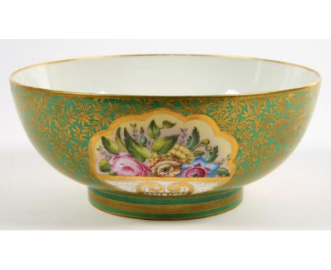 A SAMSON GREEN GROUND PUNCH BOWL PAINTED WITH PANELS OF FLOWERS, 29CM D, SPURIOUS RED ENAMEL DERBY MARK, C1900, A 19TH C BRIT