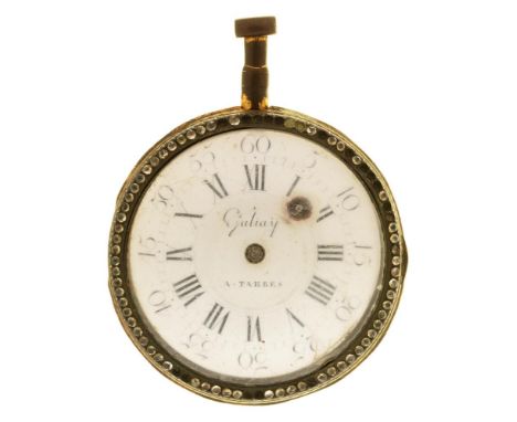 A LATE 18TH C FRENCH GALIAY A TARBES CHASED GILT WATCH, WITH ENAMEL PORTRAIT TO REVERSE++WEAR AND TARNISH CONSISTENT WITH AGE
