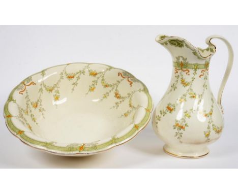 A MIDDLEPORT POTTERY SHERATON PATTERN CHAMBER JUG AND BASIN, DECORATED WITH FESTOONS, BASIN 43CM D, C1900