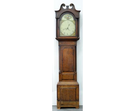 A VICTORIAN 30 HOUR OAK AND CROSSBANDED LONGCASE CLOCK, THE BREAKARCHED AND PAINTED DIAL WITH FRUIT SPANDRELS AND FLOWERS TO 