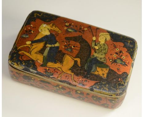 A 19th century Indo-Persian lacquer and penwork rounded rectangular snuff box, decorated in the typical Kashmiri manner with 