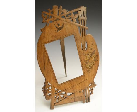 A 19th century Italian Sorrento ware marquetry novelty photograph frame, as an artist's easel, inlaid with a musical trophy, 