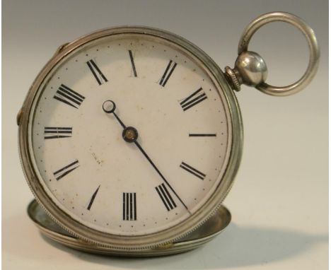 A 19th century pocket pedometer, 4cm enamel dial with Roman numerals, engine turned to verso, 6.5cm over loop, c.1885