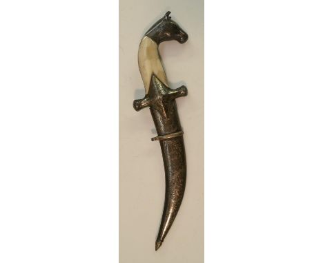 An Indian/Persian dagger, 13.5cm curved damascened blade, bidri guard and handle, two-piece segmented horn grip, horse head p