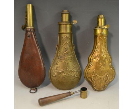 A 19th century Rococo Revival brass tear-drop shot flask, cast in shallow relief with shaped reserves of hunting hounds and d