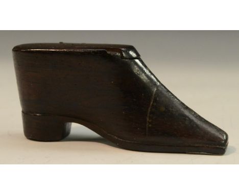 A 19th century rosewood novelty snuff box, as a shoe, decorated with brass pinwork, sliding cover, 10cm long, c.1840