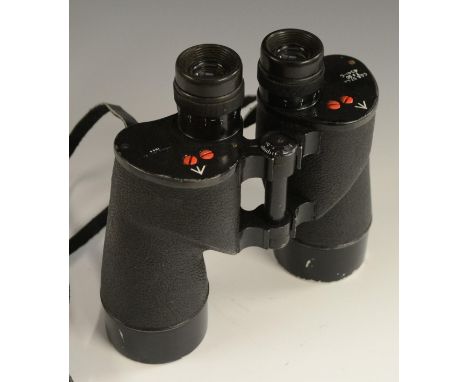 A pair of World War II Canadian military binoculars, C.G.B. 57 G.A, 7x50, 4341-C, 18.5cm long, broad arrow marks, dated 1944
