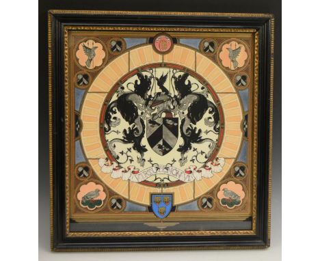 Heraldry - a Gothic Revival watercolour armorial, the heraldic achievement of Wrotham, arms and motto Virtue Non VI, 44.5cm x