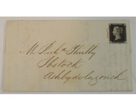 Stamps - Queen Victoria 1d penny black on cover, 4 good margins light red mx lettered RK October 29 1840 crisp profile 