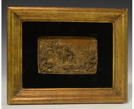 A 19th century Historicist electrotype plaque, in relief with a Renaissance hunting scene, 7cm x 10.5cm, framed