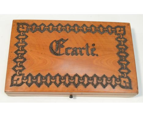 A 19th century French playing card box, hinged cover decorated with cut-steel pinwork and inscribed Ecarte, hinged cover encl