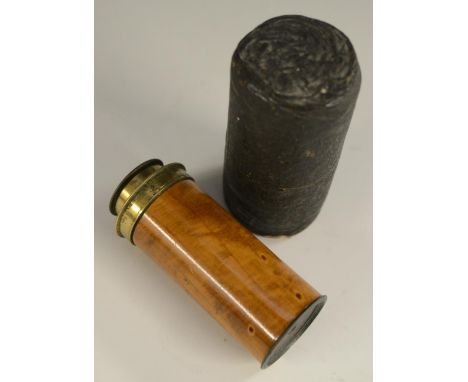A 19th century travelling pocket field microscope, scumbled finish, lacquered brass fittings, 7cm long, tubular card case