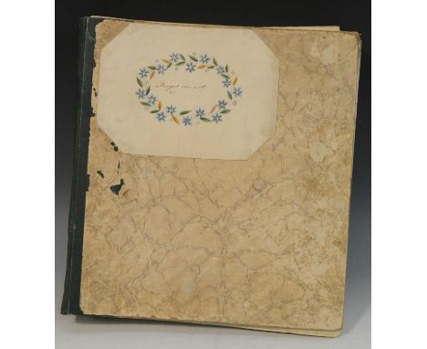A 19th century scrap album, various cuttings, engravings scraps and watercolours, figurative studies, topographical subjects,