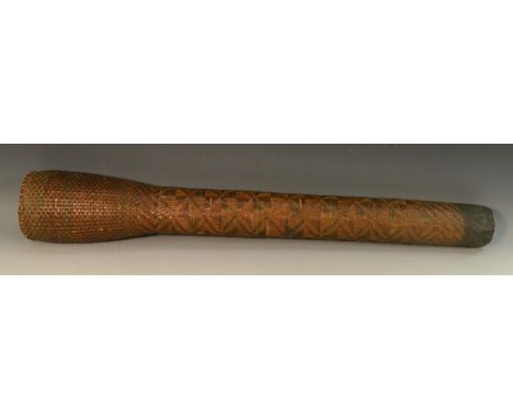 Tribal Art - an African wicker arrow quiver, baluster neck and shoulder above a straightened body, woven with geometric motif