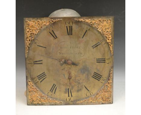 A George III longcase clock movement, 12in (31cm) square brass dial with cast brass spandrels, Roman chapter with Arabic minu