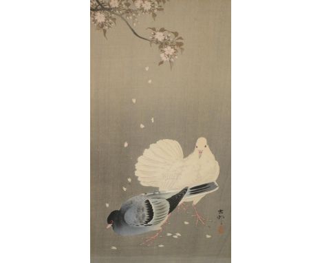 Japanese School (Meiji period), Doves and Blossom, woodblock print, 35cm x 19cm 