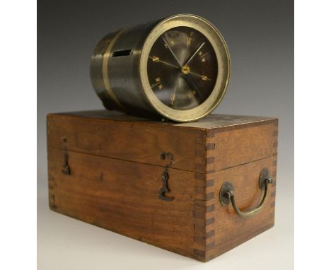 An early 20th century blued steel and brass surveyor's cross, jewelled compass, engraved silvered scales, 18cm long, fitted w