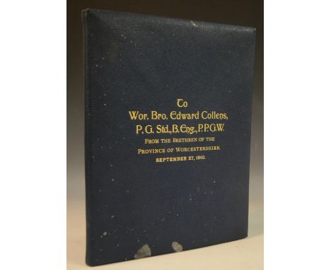 Freemasonry, Friendly Society - Binding, an early 20th century Masonic illuminated vellum manuscript bequest, To Wor. Bro. Ed