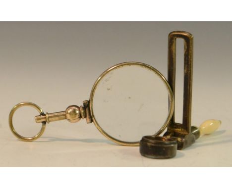 A 19th century brass botanist's pocket microscope, of simple conception and folding for use in the field, turned bone handle,
