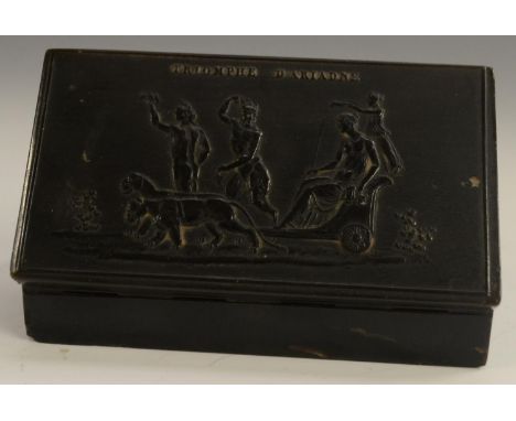 A 19th century French pressed horn rectangular snuff box, hinged cover decorated after the antique with titled scene Triomphe