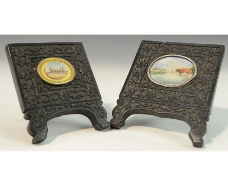 Indian School (19th century), an architectural miniature, 4cm x 5cm, carved ebony easel frame; another (2)