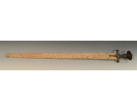 An Indian tulwar, 74cm straight fullered blade, steel hilt with disc pommel, scabbard ensuite, 89cm long overall