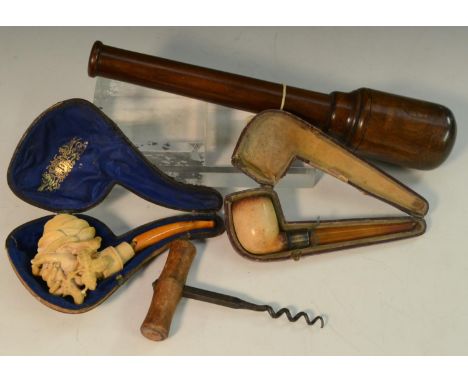 Treen - a 19th century two-tone hardwood pestle, 30cm long; a Victorian corkscrew, by I. Sorby, Sheffield, signed, turned ced