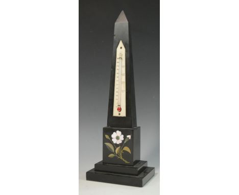 A Derbyshire Ashford marble obelisk thermometer, inlaid in specimen stones with a flower, stepped rectangular base, 34.5cm hi
