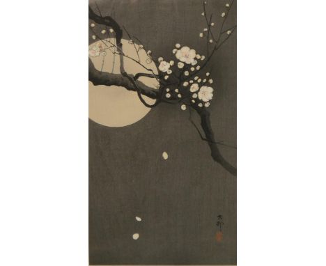 Japanese School (Meiji period), Full Moon and Blossoming Prunus, woodblock print, 31cm x 18cm 
