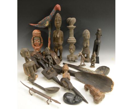 Tribal Art - a Bamana merekun puppet, 37.5cm long, Mali; a Bamana figural door lock section; African spoons; figures; etc