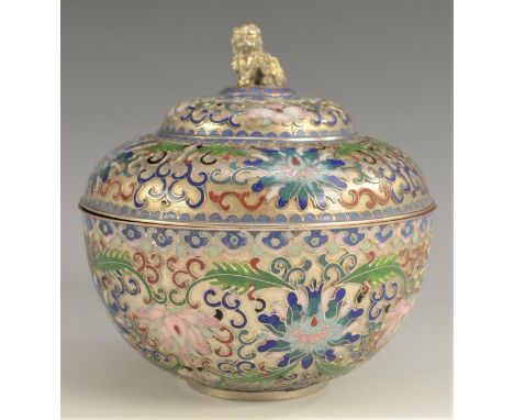A Chinese silvered copper and cloisonné enamel bowl and cover, applied and decorated in polychrome with stylised lotus, templ