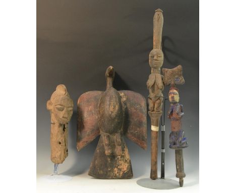 Tribal Art - a Yoruba aringo jagun ceremonial axe, shaped iron blade, carved figural haft, 59.5cm long, Nigeria; an elegba st