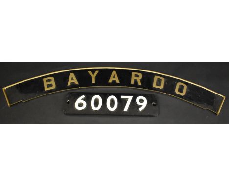 Railwayana - a re-struck brass arched engine plate, Bayardo, 142cm long; a cast alloy number plate en suite, 55.5cm wide, (2)