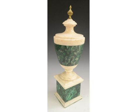 A Neoclassical style malachite and white marble urn, fluted finial, square base, 42.5cm high 