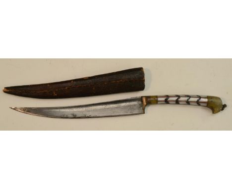 An Indo-Persian pesh-kabz dagger, 15.5cm curved and fullered blade, mother-of-pearl and specimen stone grip, ring suspension 