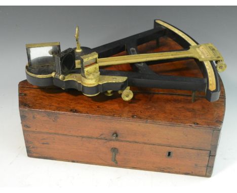 A 19th century ebony and brass sextant, engraved scale, 29.5cm wide, the mahogany box with paper label for John Kidd, Dundee,