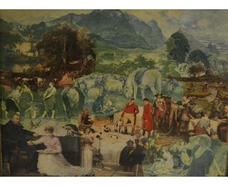 An early 20th century country house decoupage landscape, the picture composed of domestic, period, fox hunting and farming ta