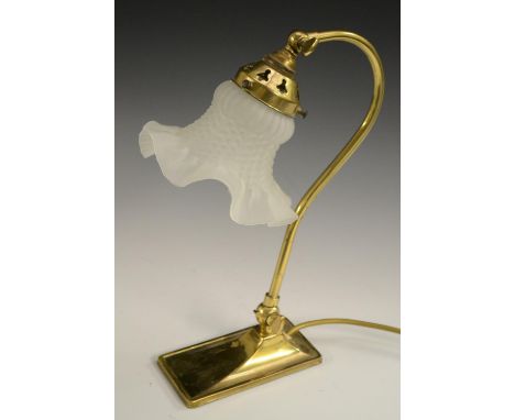 An Art Nouveau style brass adjustable swan neck desk or reading lamp,  frilled and moulded frosted glass shade, rounded recta