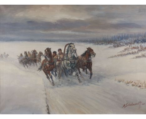 AFANASIJ IWANOWITSCH SCHELOUMOFF1892 Kamenetz-Podolski/ Ukraine - 1983 StarnbergZwei Troika im Winter Öl auf Leinwand. 60 cm 