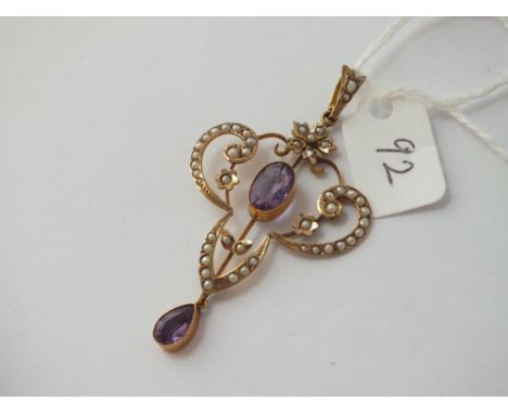 An amethyst and diamond pendant (1 seed pearl missing) in 9 ct - 3.5gms.