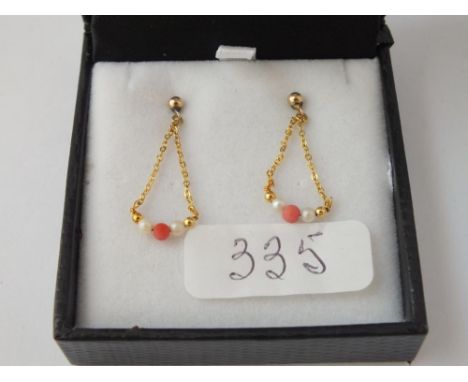 A boxed pair coral and pearl drop earrings in 9 ct 