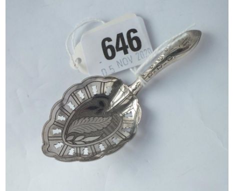 Another Georgian caddy spoon, the pierced bowl with leaf engraving. B'ham 1813 by IT