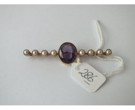 Large gold pearl &amp; amethyst bar brooch 6cm 8.7g inc