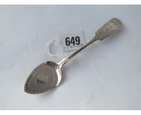 A Victorian Exeter jam spoon with scale decoration, 1875. By JW &amp; Co 