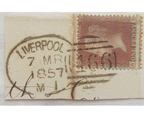 1857 Liverpool Spoon on 1d red LC Die 2 plate 47, on piece R
