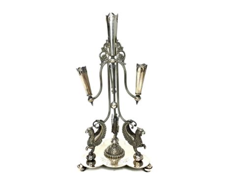 EDWARDIAN WELSH BOWLING ASSOCIATION SILVER PLATED PRESENTATION EPERGNE, with three trumpets issuing from one central open tru