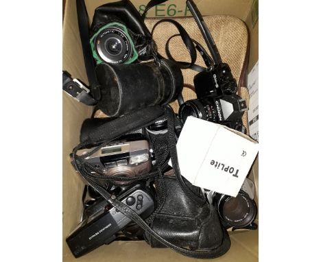 Cameras and lenses including an Olympus Trip 35, an Asahi Pentax Spotmatic, a Chinon CM-3, six assorted lenses, two compact c